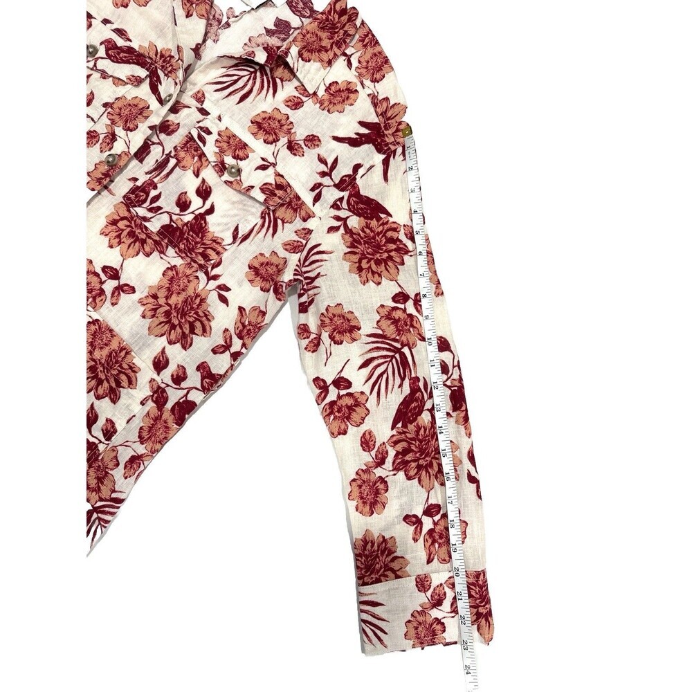 Rachel Zoe Button Up Linen Floral Bird Print Shirt Blouse Women L Missing Belt - Picture 8 of 9
